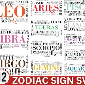 12 Zodiac Signs Svg Bundle, Astrology Word Cloud Png, Leo Aries Libra Virgo Quotes Design, Horoscope Typography Svg, For Cricut, Silhouette