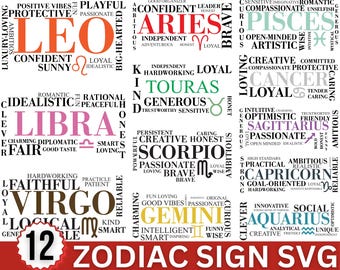 12 Zodiac Signs Svg Bundle, Astrology Word Cloud Png, Leo Aries Libra Virgo Quotes Design, Horoscope Typography Svg, For Cricut, Silhouette