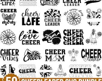 May include: A collection of 50 cheerleader-themed SVG designs in black and white. The designs include cheerleading phrases, pom-poms, megaphones, and cheerleader figures. The bundle includes SVG, PNG, JPG, EPS, and DXF file formats.