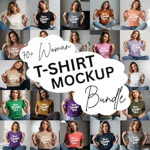 Peut inclure: Une collection de maquettes de t-shirts pour femmes de différentes couleurs, dont le noir, le blanc et le rose. Chaque t-shirt porte l'inscription "Your Design Here". L'image est intitulée "70+ Woman T-Shirt Mockup Bundle."