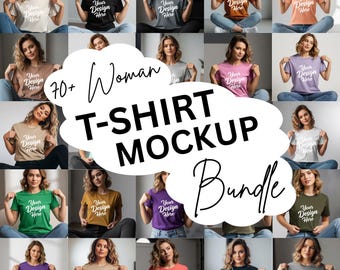 以下が含まれることがあります： 黒、白、ピンクなど、さまざまな色の女性用Tシャツモックアップのコレクション。各シャツには「Your Design Here」という文字が入っています。画像には「70+ Woman T-Shirt Mockup Bundle」とラベルが付けられています。