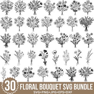 Floral Bouquet Svg Bundle, Bouquet Png, Botanical Svg, Cute Bouquet, Flower Svg, Wedding Svg, Wild Flowers, Floral For Cricut, Silhouette