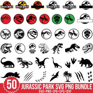 Puede incluir: Un conjunto de 50 archivos SVG, PNG, JPG, EPS y DXF con temática de Jurassic Park. Los diseños incluyen siluetas de dinosaurios, logotipos e ilustraciones en blanco y negro, rojo y verde. También se incluye el texto "JURASSIC WORLD" y "JURASSIC PARK".