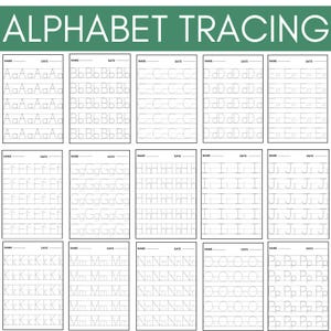 May include: Black and white alphabet tracing worksheet with lines for practicing writing each letter. The worksheet includes all 26 letters of the alphabet.