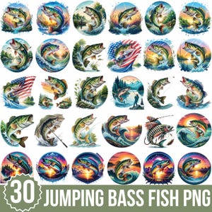 Colección de imágenes prediseñadas de peces lubina saltando en acuarela, 30 imágenes prediseñadas de peces PNG, lubina divertida, pez pescador PNG, paquete de imágenes prediseñadas de peces, uso comercial
