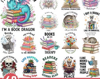 Può includere: Una collezione di 40 grafiche PNG a tema libri. I disegni includono un drago sui libri, scheletri che leggono, gatti sui libri e composizioni floreali. Il testo include frasi come "I'm a book dragon" e "Reading helps."