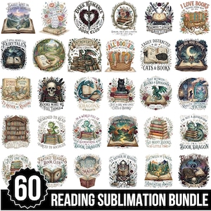 Peut inclure: Une collection de soixante illustrations numériques présentant divers motifs sur le thème des livres, incluant des livres ouverts, des dragons, des crânes, des chats et des éléments floraux, avec des textes comme Dark Romance Book Club et Book Dragon.