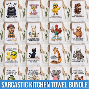 May include: A collection of sixteen white kitchen towels featuring various cartoon animals and humorous text, including a confused cat, a coffee-drinking llama, a duck in sunglasses, a horse, a dog, a rooster, a sloth, a lemon, a cat, a giraffe, a wolf, a turtle, a goat, an elephant, and a ferret.