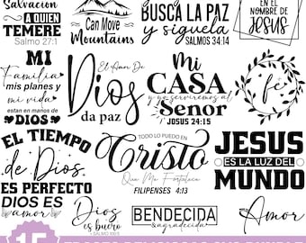 Frases Religiosas SVG Bundle, Frases Bíblicas SVG, Fe Mueve Montañas, Dios Amor Fortaleza, Mujer Virtuosa, Encomienda a Dios, File Cricut