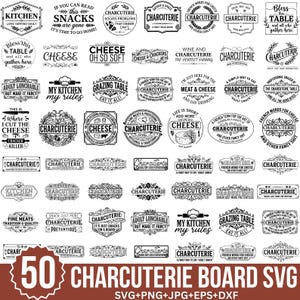 May include: Collection of 50 charcuterie board SVG designs in black and white. Includes various text-based graphics with phrases like "Cheese Oh So Soft", "My Kitchen My Rules", and "Adult Lunchable".