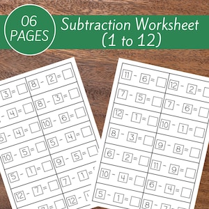 Subtraction Worksheet 1-12, Math Practice Printable for Kids, Easy Subtraction Facts, Kindergarten & 1st Grade Homeschool,Classroom Activity