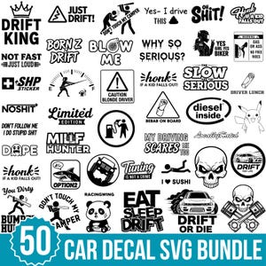 Könnte beinhalten: Eine Sammlung von 50 Autoaufkleber-SVG-Designs in Schwarz und Weiß. Die Designs umfassen Sätze wie "Drift King", "Just Drift" und "Eat Sleep Drift" sowie verschiedene Grafiken.