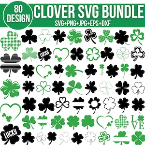 Könnte beinhalten: Ein Set mit 80 schwarzen und grünen Kleeblatt-SVG-Designs. Die Designs umfassen verschiedene Stile, wie Herzen, Kleeblätter und Text, der "Lucky" sagt.