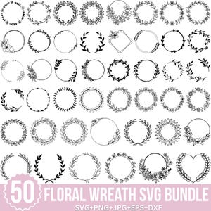 May include: A selection of 50 black and white floral wreath designs. The wreaths are in various shapes, including circles, diamonds, and hearts, and feature botanical elements. The text "50 Floral Wreath SVG Bundle" is displayed at the bottom of the image.