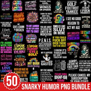 Op de afbeelding: Een digitale collectie van 50 grafische ontwerpen met humoristische en sarcastische citaten in diverse kleurrijke lettertypes en stijlen tegen een zwarte achtergrond. De bundel bevat illustraties van skeletten, katten, regenbogen en een brandende afvalcontainer.