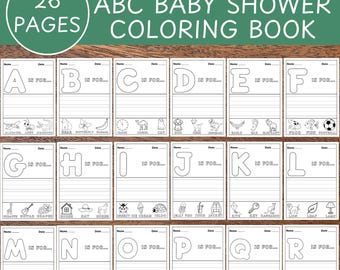 ABC Baby Shower Coloring Book, Baby’s First ABC Book, ABC Coloring Book, Alphabet Coloring Pages, Baby Shower Activity, Instant Download