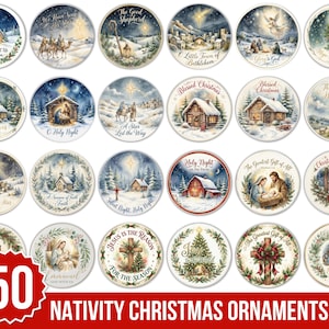May include: A collection of 50 circular digital ornaments featuring various nativity and Christmas scenes, including churches, snowy landscapes, the holy family, and religious text like O Holy Night and Blessed Christmas, presented in a grid layout.