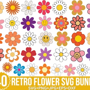 Paquete SVG de flores retro, SVG de flores, SVG de margaritas, SVG de flores bohemias, PNG floral, Clipart de flores retro, Cortar para Cricut, Silueta