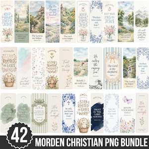 May include: A collection of 42 Christian-themed bookmarks with various designs. Each bookmark features inspirational quotes, floral accents, and scenic backgrounds. The text "MORDEN CHRISTIAN PNG BUNDLE" is at the bottom, with the number "42" in a black circle.