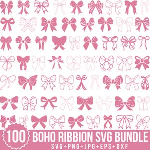 May include: A collection of 100 pink and white bow designs in various styles. The image includes the text "100 BOHO RIBBON SVG BUNDLE" with file type options. These bows are suitable for crafting and design projects.