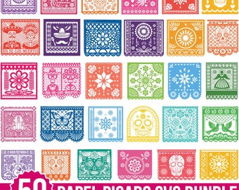May include: A collection of 50 colorful papel picado designs. Each square features intricate cut-out patterns, including flowers, skulls, birds, and geometric shapes. The designs are in various colors, with the text "50 PAPEL PICADO SVG BUNDLE" at the bottom.