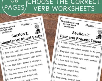Hojas de trabajo imprimibles sobre verbos, elige el verbo correcto, verbos en singular y plural, pasado presente, aula y educación en casa, práctica de gramática