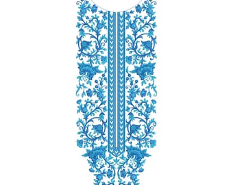 Royal Blue Floral Neckline Embroidery Machine Design, Elegant Botanical Kurti Neck Pattern, Pakistani Neck Embroidery EMB DST File