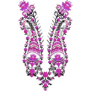 May include: A detailed embroidery design featuring a symmetrical paisley pattern in shades of pink and purple, accented with black outlines and floral elements. The design is set against a white background, creating a striking contrast.