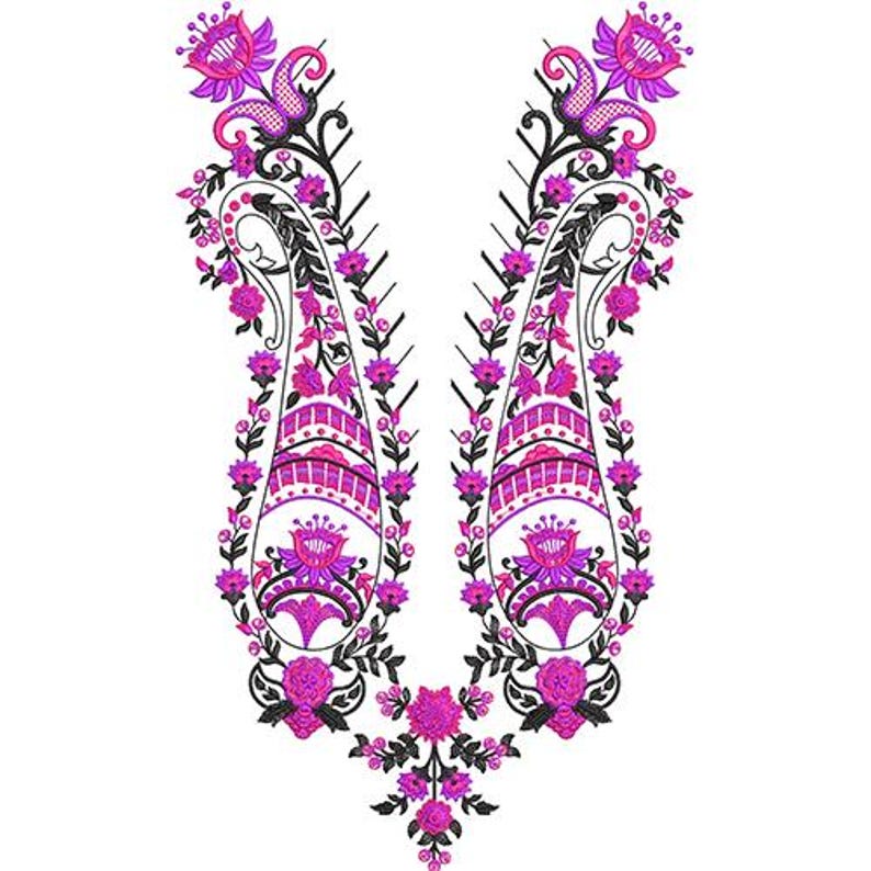 May include: A detailed embroidery design featuring a symmetrical paisley pattern in shades of pink and purple, accented with black outlines and floral elements. The design is set against a white background, creating a striking contrast.