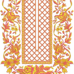 May include: An embroidered floral design featuring yellow and pink flowers and leaves. The design includes a central lattice pattern and borders with a repeating floral motif. The embroidery is set against a white background.