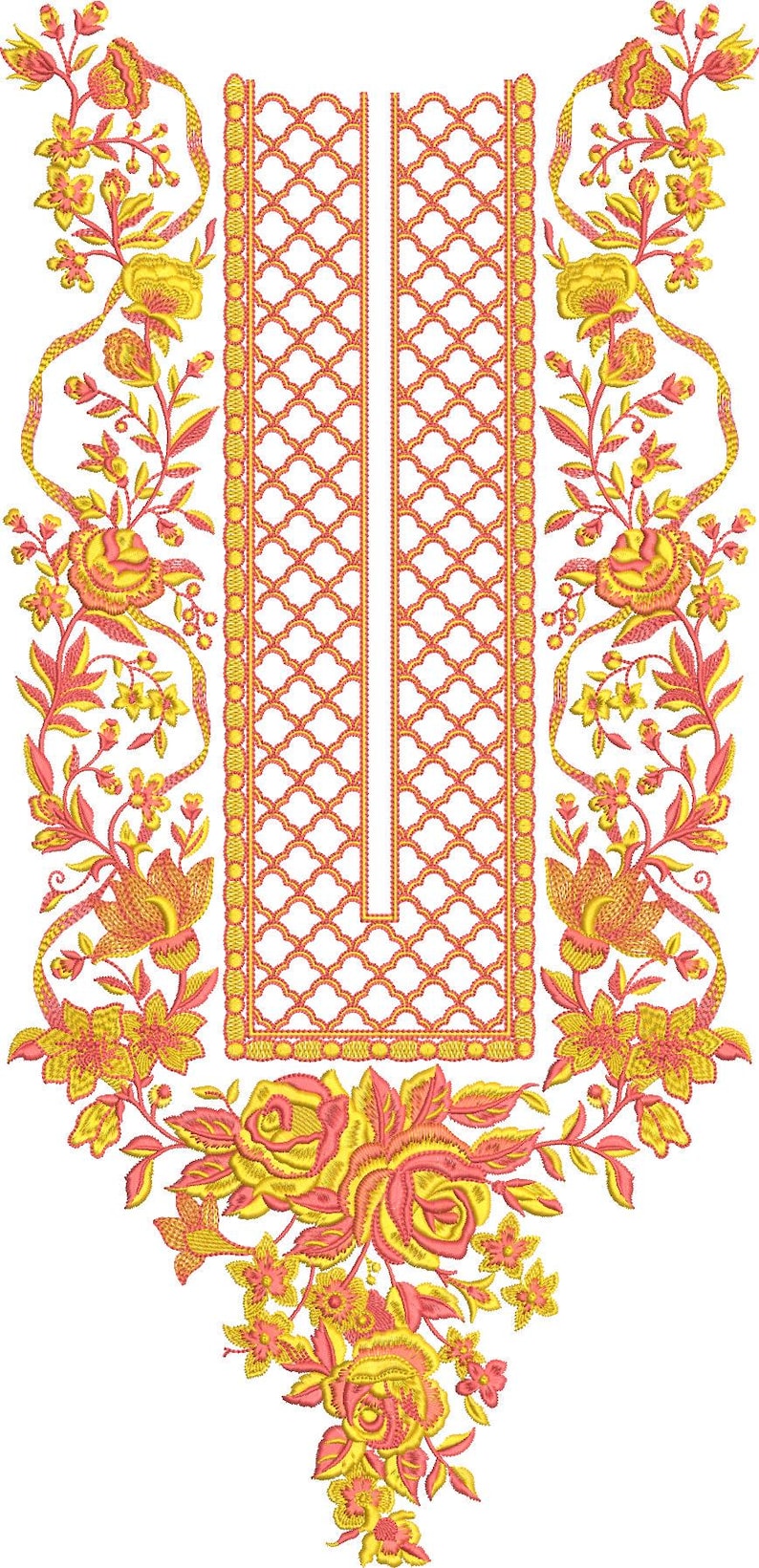 May include: An embroidered floral design featuring yellow and pink flowers and leaves. The design includes a central lattice pattern and borders with a repeating floral motif. The embroidery is set against a white background.