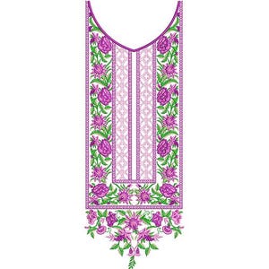 May include: A detailed embroidery design featuring a floral pattern in shades of purple and green. The design includes a central panel with a lattice pattern, framed by vertical floral borders and a decorative lower edge. The neckline is a gentle V-shape.