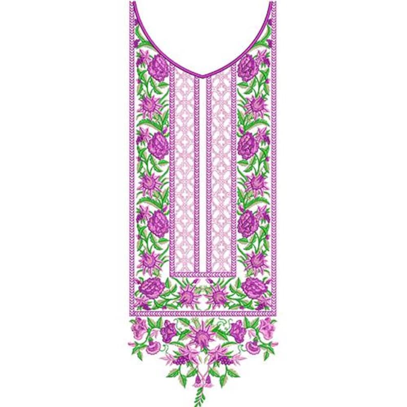 May include: A detailed embroidery design featuring a floral pattern in shades of purple and green. The design includes a central panel with a lattice pattern, framed by vertical floral borders and a decorative lower edge. The neckline is a gentle V-shape.