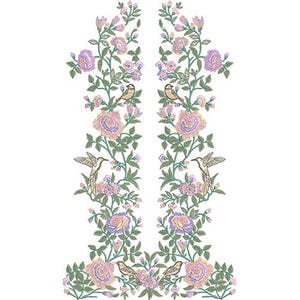May include: Floral embroidery design featuring pink and purple roses, green leaves, and small birds. The design is symmetrical, with two mirrored floral arrangements. The birds are in shades of brown and gold, and the flowers have a detailed, textured appearance.