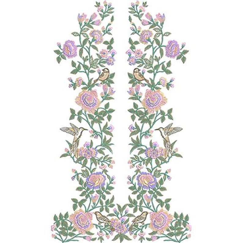 May include: Floral embroidery design featuring pink and purple roses, green leaves, and small birds. The design is symmetrical, with two mirrored floral arrangements. The birds are in shades of brown and gold, and the flowers have a detailed, textured appearance.