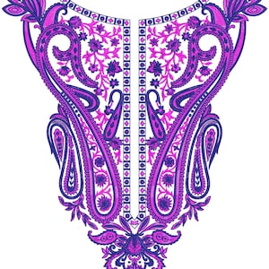 May include: A detailed embroidery design in shades of purple and blue, featuring paisley and floral motifs. The design is symmetrical, with a central vertical panel and ornate, swirling patterns. The embroidery is set against a white background.