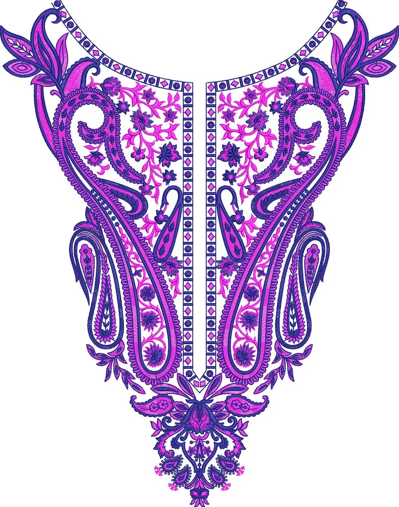 May include: A detailed embroidery design in shades of purple and blue, featuring paisley and floral motifs. The design is symmetrical, with a central vertical panel and ornate, swirling patterns. The embroidery is set against a white background.