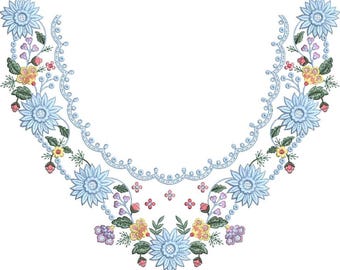 Blue Floral Scalloped Neckline Embroidery Design, Vintage Flower Collar (EMB, DST)
