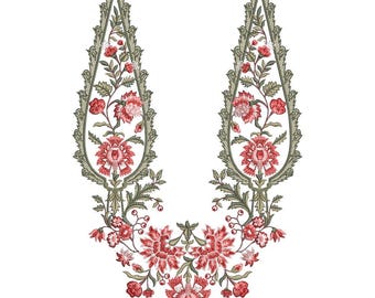 Elegant Floral Teardrop V-Neck Embroidery Machine Design, Vintage Pakistani Kurti Neck Pattern, Botanical Neckline EMB DST File