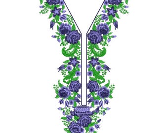 Purple Rose Floral V-Neck Embroidery Design, Elegant Kurti Neckline Pattern (EMB, DST)