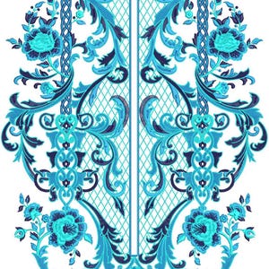 May include: An intricate embroidery design featuring a symmetrical pattern in shades of teal and navy blue. The design includes floral and scroll motifs, with a central lattice-like element. The overall aesthetic is ornate and detailed.