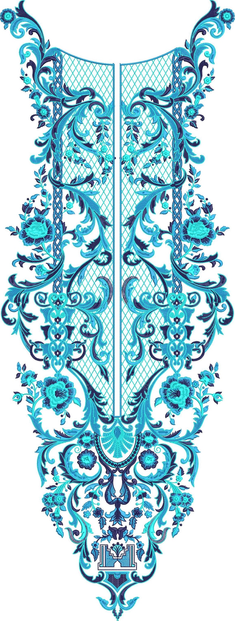 May include: An intricate embroidery design featuring a symmetrical pattern in shades of teal and navy blue. The design includes floral and scroll motifs, with a central lattice-like element. The overall aesthetic is ornate and detailed.