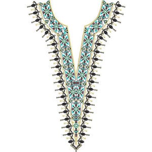 May include: An embroidered neckline design featuring a geometric pattern in teal, red, and gold on a white background. The design includes black beaded accents along the edges, creating a decorative element.