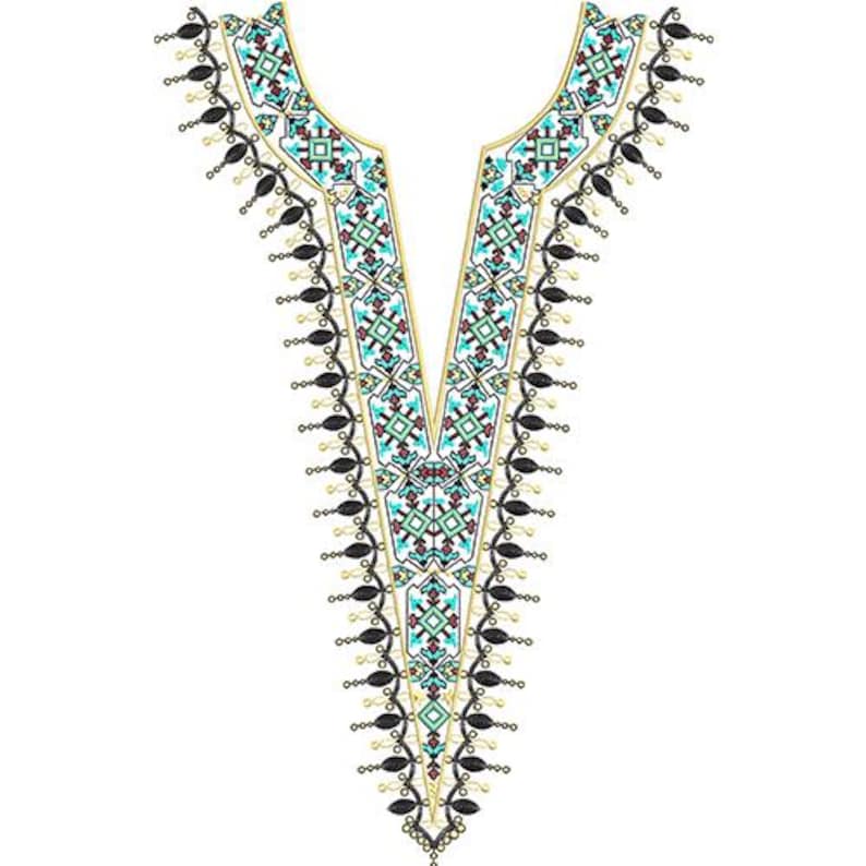 May include: An embroidered neckline design featuring a geometric pattern in teal, red, and gold on a white background. The design includes black beaded accents along the edges, creating a decorative element.