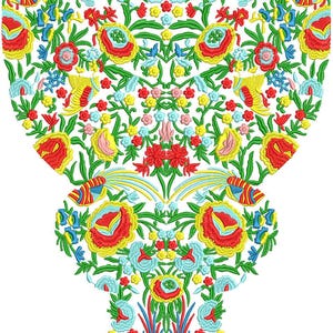 May include: A colorful floral embroidery design featuring red, yellow, blue, and green flowers and leaves. The design is symmetrical and has a white background. The embroidery is likely for clothing or textile decoration.