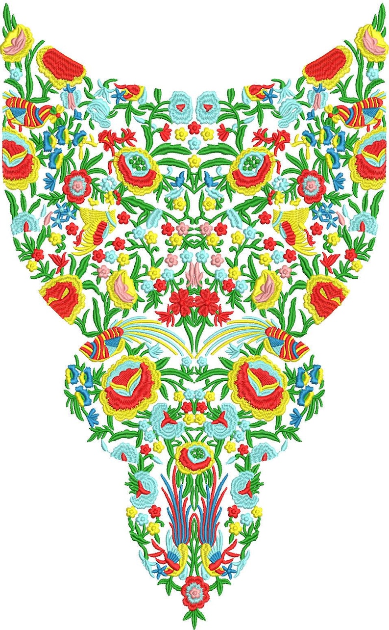 May include: A colorful floral embroidery design featuring red, yellow, blue, and green flowers and leaves. The design is symmetrical and has a white background. The embroidery is likely for clothing or textile decoration.