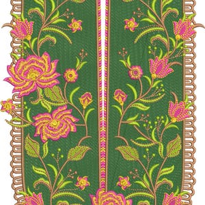 May include: Embroidered floral design in shades of green, pink, and yellow. The design features large flowers, leaves, and intricate details, with a scalloped border. The pattern is symmetrical and suitable for fabric embellishment.