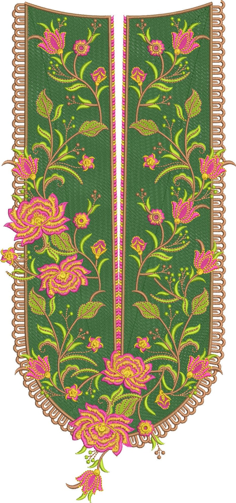 May include: Embroidered floral design in shades of green, pink, and yellow. The design features large flowers, leaves, and intricate details, with a scalloped border. The pattern is symmetrical and suitable for fabric embellishment.