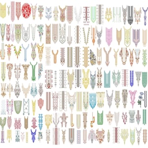 Könnte beinhalten: Eine Sammlung von bestickten Ausschnittmustern in verschiedenen Farben und Designs. Das Bild zeigt eine Vielzahl von Mustern, darunter florale, geometrische und abstrakte Motive. Die Ausschnitte werden auf weißem Hintergrund dargestellt, wodurch die komplizierten Details jedes Designs hervorgehoben werden.
