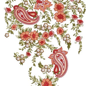 May include: An intricate floral design featuring paisley shapes and various flowers in shades of red, orange, and white, with green leaves and stems. The design is set against a white background.